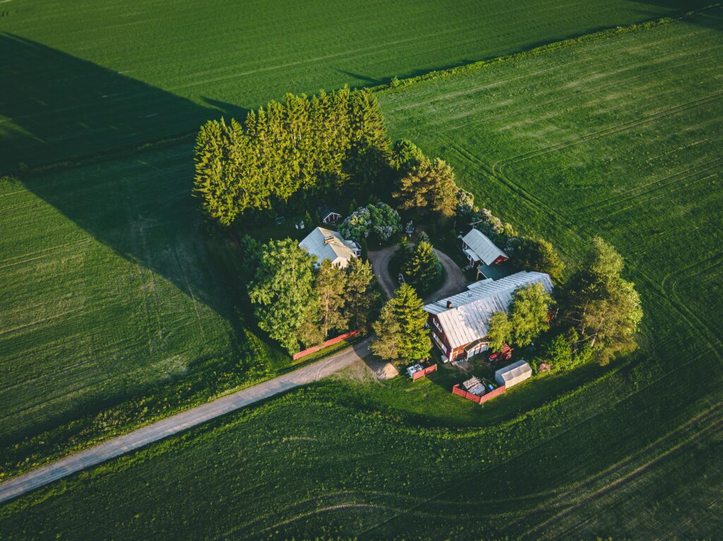 Aerial view of a secluded farmhouse surrounded by green fields and a dense grove of tall trees, with a gravel road leading up to the property. The area is lush and peaceful, highlighting the beauty of rural living